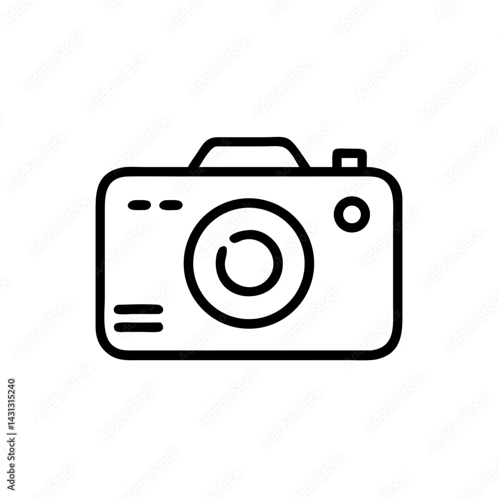 Poster illustration of a simple black and white camera with a lens and a button in a minimalist style