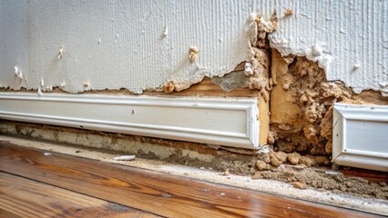 Extensive Wall Damage Revealing Severe Wood Deterioration and Crumbling Plaster Near Baseboard