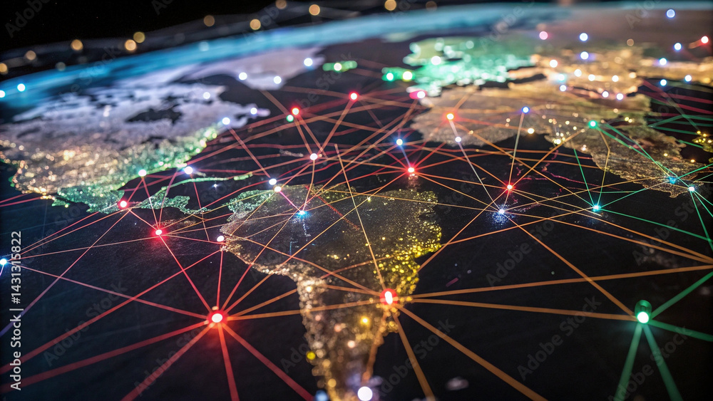 Poster digital representation of global connectivity with illuminated networks spanning continents, highlig