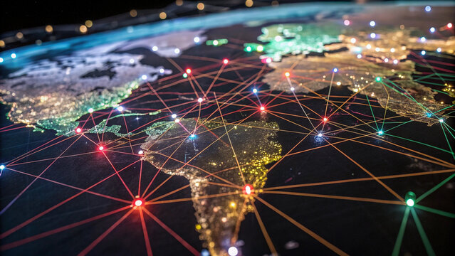 Digital representation of global connectivity with illuminated networks spanning continents, highlighting international communication and economic interdependence