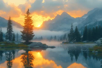 Tableau sur aluminium  Lake reflects trees and mountains under a colorful sky with fog.  © Ali