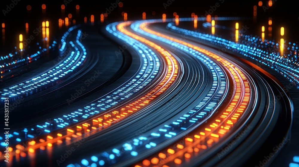 Fototapete abstract futuristic data stream: glowing neon pathways of digital information flowing through cybers
