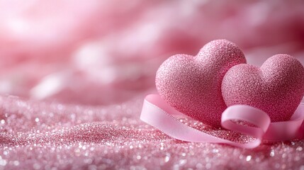 Fototapeta premium Romantic Valentine's Day background with two pink hearts and soft ribbon on glittery pink surface 
