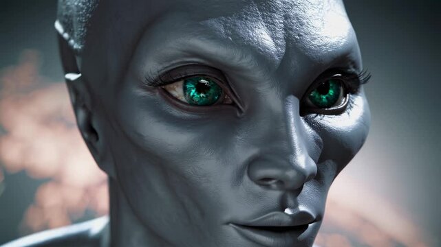Side view portrait of thoughtful grey alien looking away Detailed reflective green eye Smooth metallic skin Sci fi concept exploration discovery unknown intelligence observation