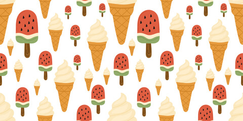 Watermelon and vanilla ice cream pattern with popsicles and waffle  cones, seamless vector background for summer food packaging, kids textile, wrapping paper, and dessert-themed design.

