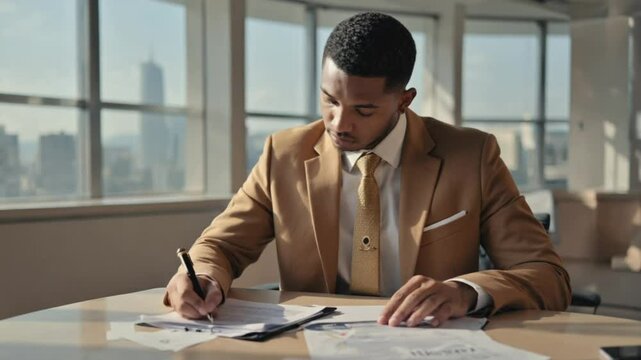 A professional male analyst reviews charts and pens his approval beside panoramic windows. Concept of investment management and fiscal responsibility.