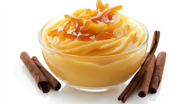 Caramel custard dessert in a glass bowl, garnished with cinnamon sticks.