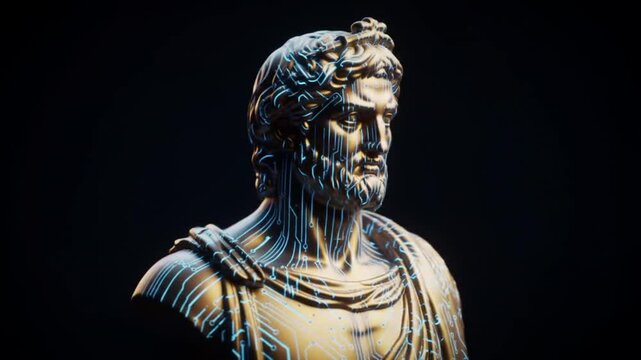 Rotating Aristotle Statue with Digital Touch on Black Background