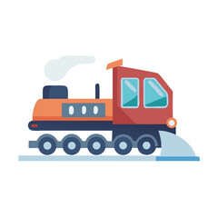 Naklejka premium Cartoon Snowplow Train on Tracks with Steam on a Black Background