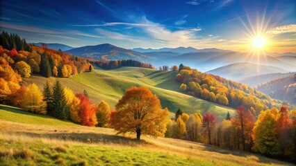 Fototapeta premium Autumnal splendor unfolds across rolling hills, vibrant foliage painting a breathtaking landscape under a radiant sunrise