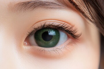 Obraz premium Close-up of young asian female with green eye and lush eyelashes