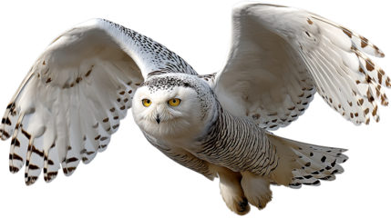 Snowy Owl in Flight: Witness the elegance of a snowy owl in full flight, its wings spread wide as it glides against the horizon, showcasing the raw beauty of avian grace and natural wonder.