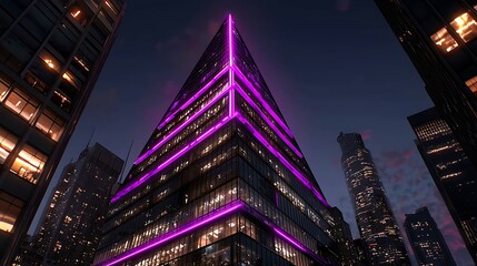 Modern skyscraper illuminated with vibrant pink lights against the night urban skyline backdrop