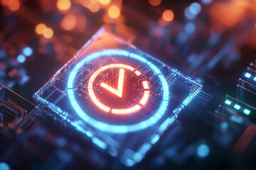 Glowing digital checkmark on futuristic circuit board technology success verification