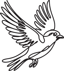 Black and white line art drawing of a cartoon bird flying with wings outstretched and large expressive eyes isolated on a white background in vector illustration