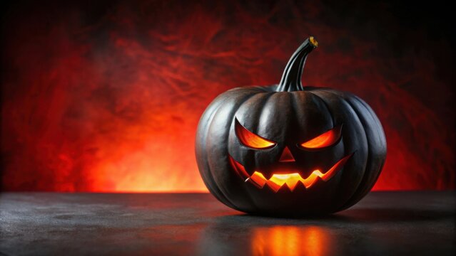 A menacing dark pumpkin with glowing evil face sits on a shadowy surface against a fiery red backdrop, creating a spooky Halloween ambiance.