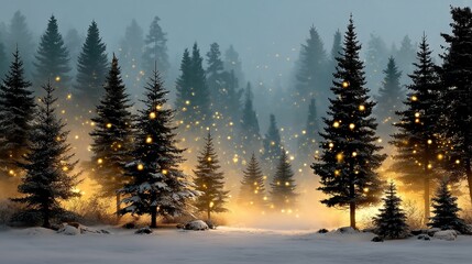 Snowy forest with glowing lights