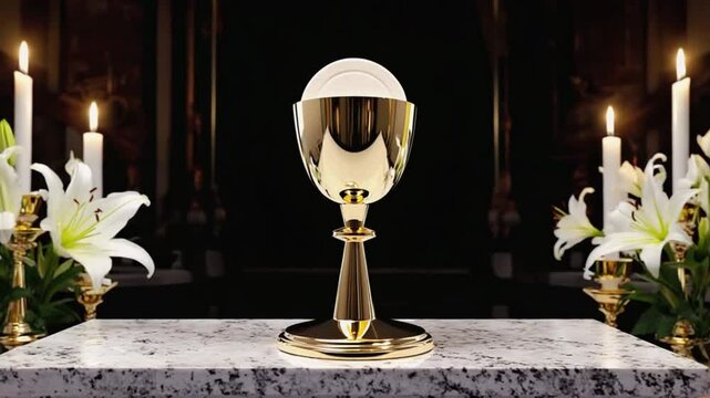 A polished golden chalice holding a white host stands before lilies and candles on a marble altar. Concept of sacred communion and catholic devotion.