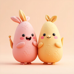 Cute 3D Bunny-Inspired Cartoon Characters – Pink and Yellow Duo with Happy Expressions