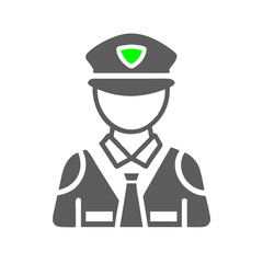 Gray Police Officer Icon with Green Shield Emblem on Black Background