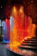 Illuminated water feature with vibrant colors and staircase in an interior setting.