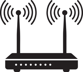 Router with Signal Icon Silhouette – Black Vector Symbol Representing Wireless Internet, Wi-Fi Connection, Data Transfer, Network Access, and Communication	