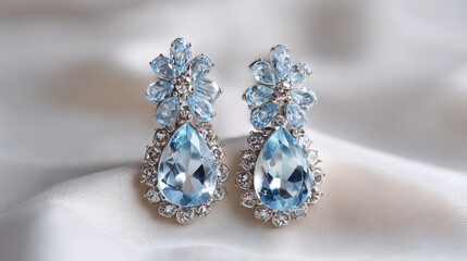 Fototapeta premium A pair of blue earrings with diamonds and crystals