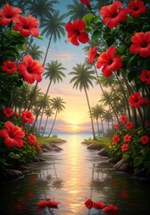 Fototapeta premium Tropical Sunset Scene with Vibrant Red Hibiscus Flowers and Tall Palms on a Calm Riverbank with Reflection Under a Golden Sky
