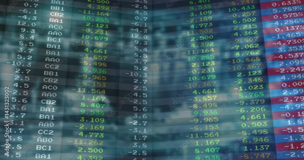 Poster digital financial data display being animated, showing colored column values over blurred skyline