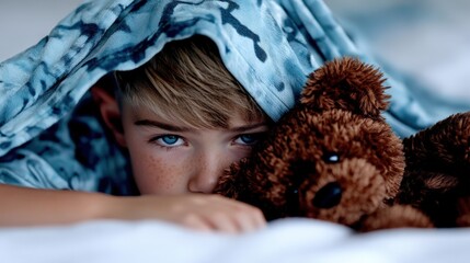 Young Boy Hiding Under Blanket with Teddy Bear Feeling Sad or Afraid