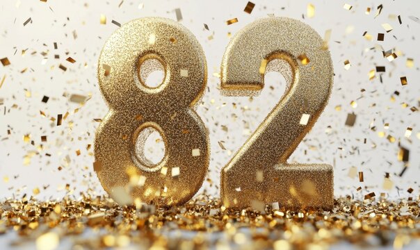 Glittering Gold Number Eighty-Two Surrounded by Festive Confetti