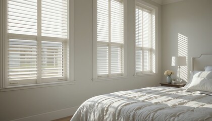 Serene Bedroom with White Shutters and Sunlight Streaming Through Windows