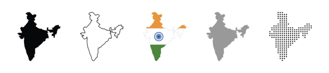 India map vector icon set. Silhouette, states, regions, outline, flag, flat, dotted styles. Vector illustration