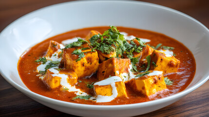 Fresh Indian Butter Paneer Cubes in Creamy Tomato Sauce with Coriander Garnish