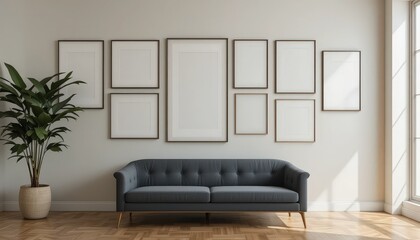 Modern Living Room Design Featuring a Stylish Sofa and Empty Picture Frames on the Wall