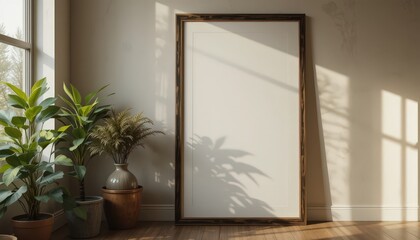 Bright Interior With Empty Frame and Plants in a Sunlit Room Showcasing Natural Light and Warmth