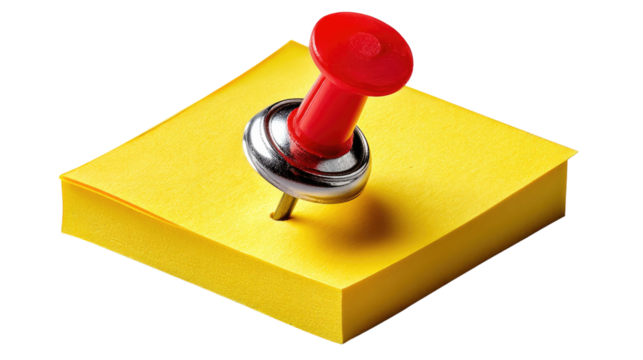Memo Note with Red Push Pin: A close-up shot showcases a square stack of vibrant yellow memo notes, pinned securely by a bold red push pin. This visual representation encapsulates ideas and thoughts.