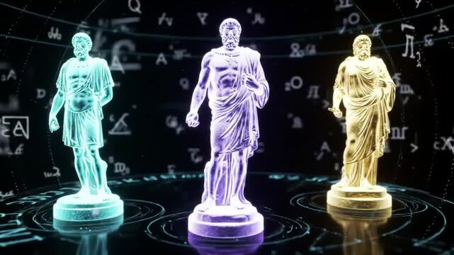 Digital Statues of Ancient Greek Philosophers Aristotle, Socrates, and Plato