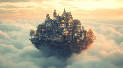 Naklejka premium Enchanted Cloud Village: A Fairytale Town Nestled Among the Clouds at Sunset