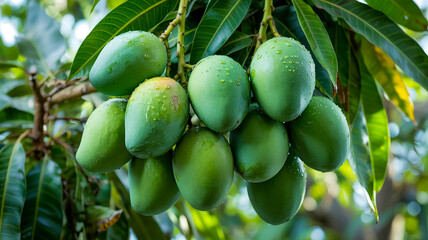 Cluster of vibrant green mangoes, dewy and unripe, glowing in soft natural light, isolated on transparent background, hyper-realistic detail, botanical freshness and tropical elegance