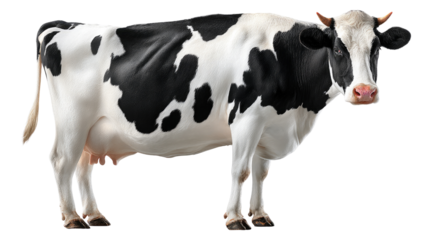 Milk cow: This striking image showcases a full-body shot of a milk cow. The cow has a beautiful coat, marked by bold patches of black and white. It embodies the essence of a farm animal.