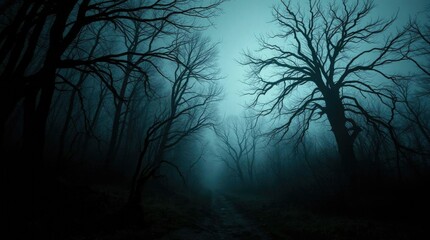 Obraz premium Misty Forest Path: Eerie Silhouette Trees in a Dark, Moody Landscape