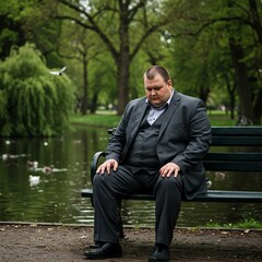 Fototapeta premium Sad Man in Suit Sitting on Bench by Pond in Park
