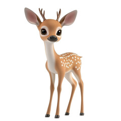 3D cartoon of a gentle deer fawn with sleek outlined features, antlers, ears, and legs clearly divided, full frame and isolated on a white background