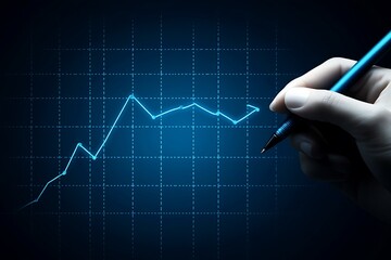 Business chart growth on blue graph background with Caucasian hand holding a pen