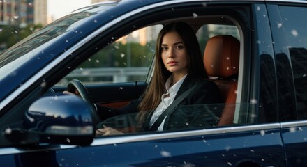 Businesswoman in a car looking thoughtful during snowfall  