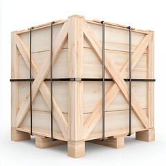 Wooden storage crate with metal bands for secure transport.
