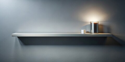A minimalist floating shelf with a glowing cylindrical lamp and small container against a muted grey wall