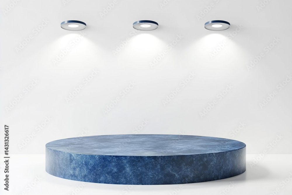 Poster blue round display platform under three ceiling lights minimalist studio background