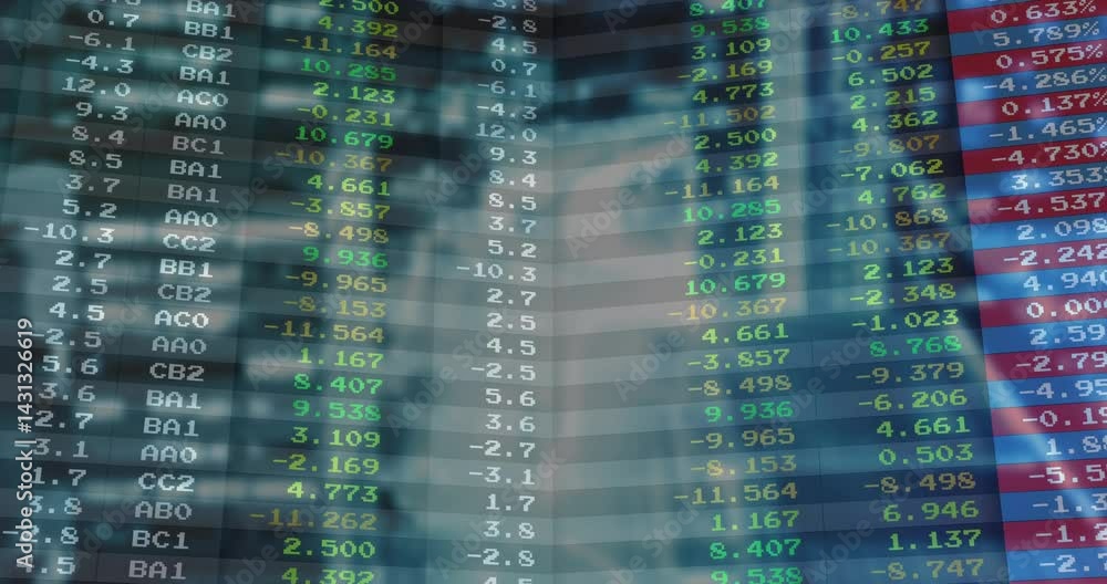 Poster financial ticker screen showing scrolling alphanumeric codes with colored values in 3d render